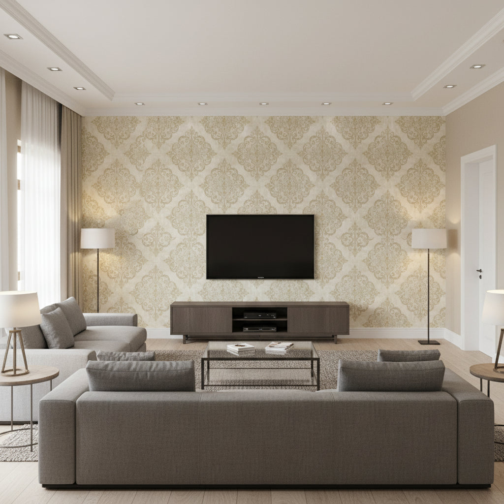 Atelier Mid Century Damask Tan, Gold, and Off-White | Architectural Wallcoverings - Living Room Visualization (AI-generated, may not be to scale. Verify pattern scale with product specifications.)