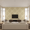 Atelier Mid Century Damask Metallic Gold and Off-White | Architectural Wallcoverings - Living Room Visualization (AI-generated, may not be to scale. Verify pattern scale with product specifications.)