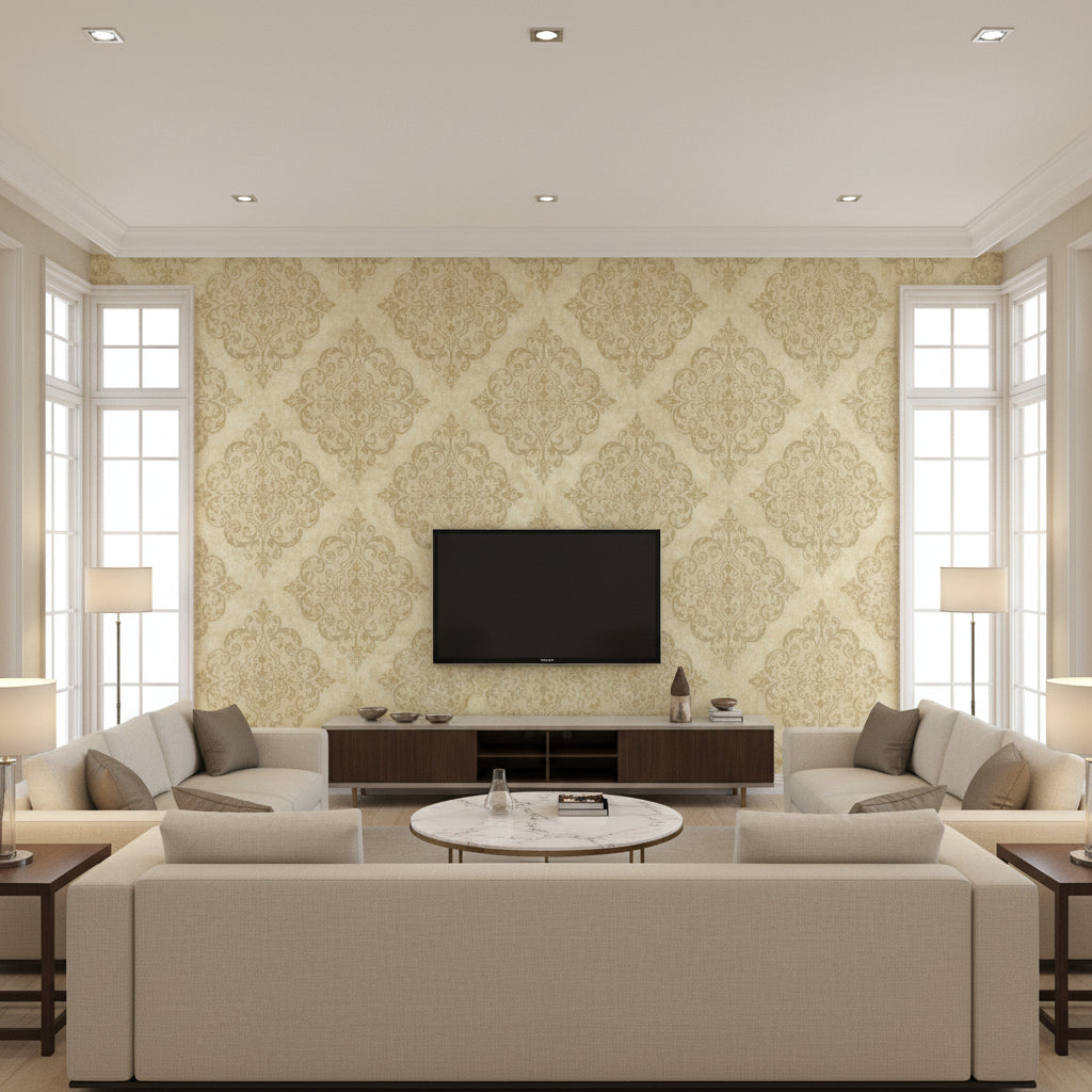 Atelier Mid Century Damask Metallic Gold and Off-White | Architectural Wallcoverings - Living Room Visualization (AI-generated, may not be to scale. Verify pattern scale with product specifications.)