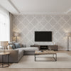 Atelier Mid Century Damask Gray, Metallic Gold, and Off-White | Architectural Wallcoverings - Living Room Visualization (AI-generated, may not be to scale. Verify pattern scale with product specifications.)
