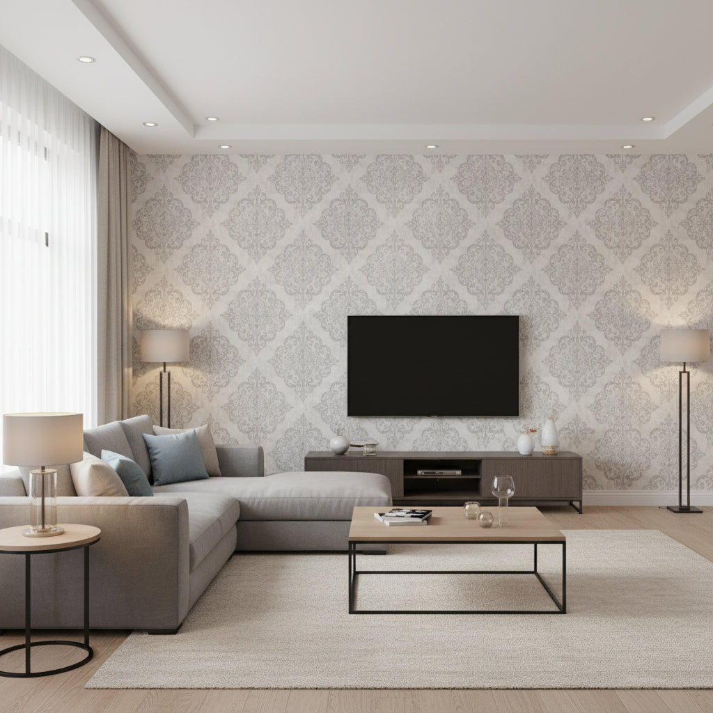 Atelier Mid Century Damask Gray, Metallic Gold, and Off-White | Architectural Wallcoverings - Living Room Visualization (AI-generated, may not be to scale. Verify pattern scale with product specifications.)