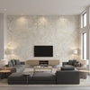 Atelier Stucco Mid Century Faux Metallic Gold and Off-White | Architectural Wallcoverings - Living Room Visualization (AI-generated, may not be to scale. Verify pattern scale with product specifications.)