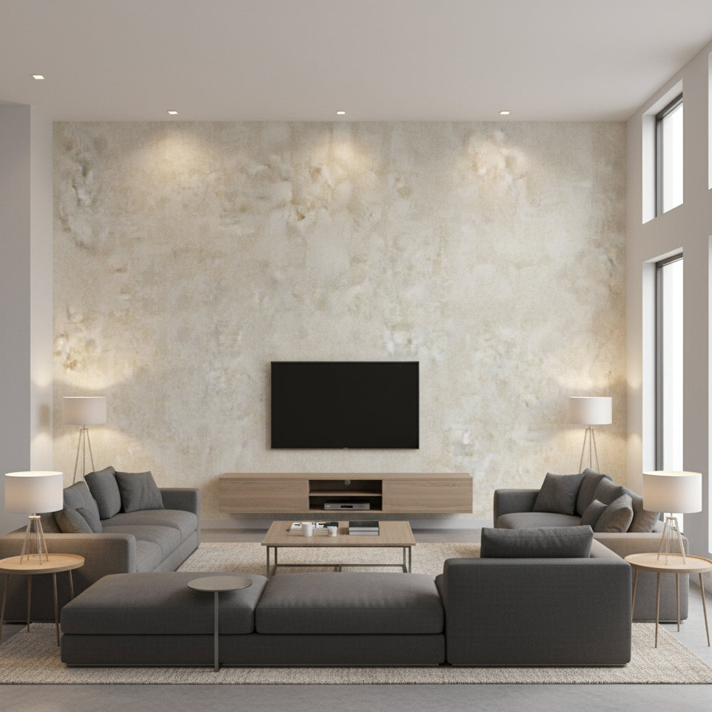 Atelier Stucco Mid Century Faux Metallic Gold and Off-White | Architectural Wallcoverings - Living Room Visualization (AI-generated, may not be to scale. Verify pattern scale with product specifications.)