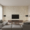 Atelier Stucco Mid Century Faux Metallic Gold and Tan | Architectural Wallcoverings - Living Room Visualization (AI-generated, may not be to scale. Verify pattern scale with product specifications.)