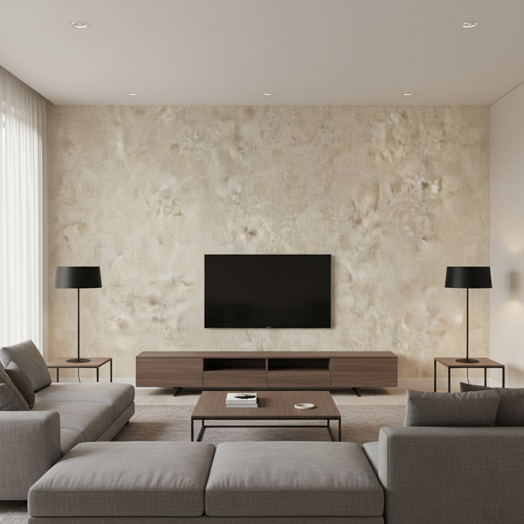 Atelier Stucco Mid Century Faux Metallic Gold and Tan | Architectural Wallcoverings - Living Room Visualization (AI-generated, may not be to scale. Verify pattern scale with product specifications.)