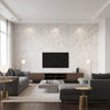 Atelier Stucco Mid Century Faux Metallic Gold and Light Gray | Architectural Wallcoverings - Living Room Visualization (AI-generated, may not be to scale. Verify pattern scale with product specifications.)