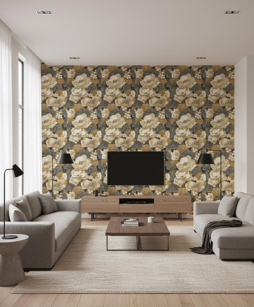 Adorn Mid Century Floral Metallic Gold & Ebony | Architectural Wallcoverings - Living Room Visualization (AI-generated, may not be to scale. Verify pattern scale with product specifications.)