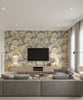 Adorn Mid Century Floral Metallic Gold, Teal, and Greige | Architectural Wallcoverings - Living Room Visualization (AI-generated, may not be to scale. Verify pattern scale with product specifications.)