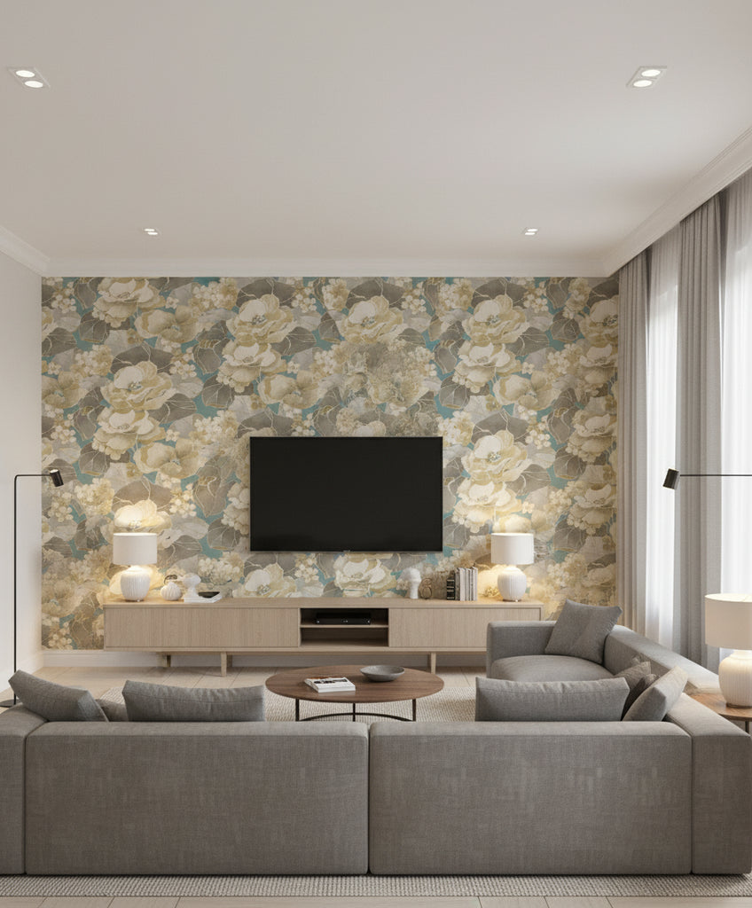Adorn Mid Century Floral Metallic Gold, Teal, and Greige | Architectural Wallcoverings - Living Room Visualization (AI-generated, may not be to scale. Verify pattern scale with product specifications.)