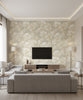 Adorn Mid Century Floral Light Tan and Off-White | Architectural Wallcoverings - Living Room Visualization (AI-generated, may not be to scale. Verify pattern scale with product specifications.)