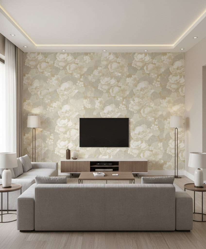 Adorn Mid Century Floral Light Tan and Off-White | Architectural Wallcoverings - Living Room Visualization (AI-generated, may not be to scale. Verify pattern scale with product specifications.)