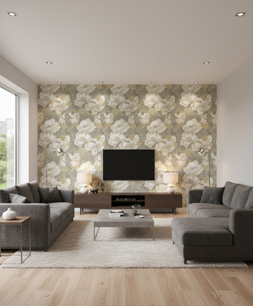 Adorn Mid Century Floral Metallic Silver, Off-White, and Tan | Architectural Wallcoverings - Living Room Visualization (AI-generated, may not be to scale. Verify pattern scale with product specifications.)