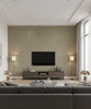 Adorn Geo Mid Century Geometric Metallic Gold and Platinum | Architectural Wallcoverings - Living Room Visualization (AI-generated, may not be to scale. Verify pattern scale with product specifications.)