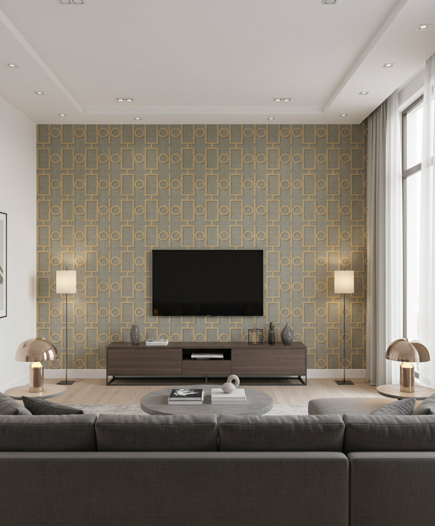 Adorn Geo Mid Century Geometric Metallic Gold and Platinum | Architectural Wallcoverings - Living Room Visualization (AI-generated, may not be to scale. Verify pattern scale with product specifications.)