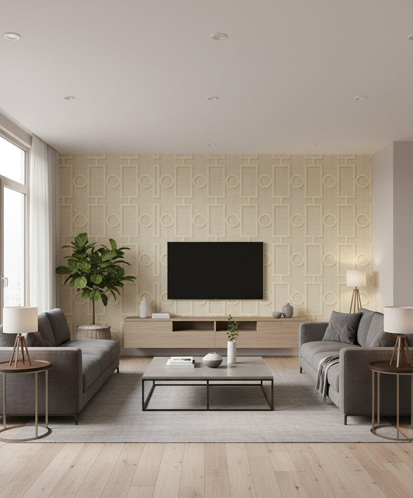Adorn Geo Mid Century Geometric Tan and Off-White | Architectural Wallcoverings - Living Room Visualization (AI-generated, may not be to scale. Verify pattern scale with product specifications.)
