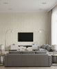 Adorn Geo Mid Century Geometric Cream and Off-White | Architectural Wallcoverings - Living Room Visualization (AI-generated, may not be to scale. Verify pattern scale with product specifications.)