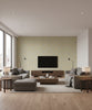Adorn Geo Mid Century Geometric Metallic Gold and Gray | Architectural Wallcoverings - Living Room Visualization (AI-generated, may not be to scale. Verify pattern scale with product specifications.)