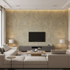 Adorn Texture Mid Century Faux Metallic Gold and Gray | Architectural Wallcoverings - Living Room Visualization (AI-generated, may not be to scale. Verify pattern scale with product specifications.)