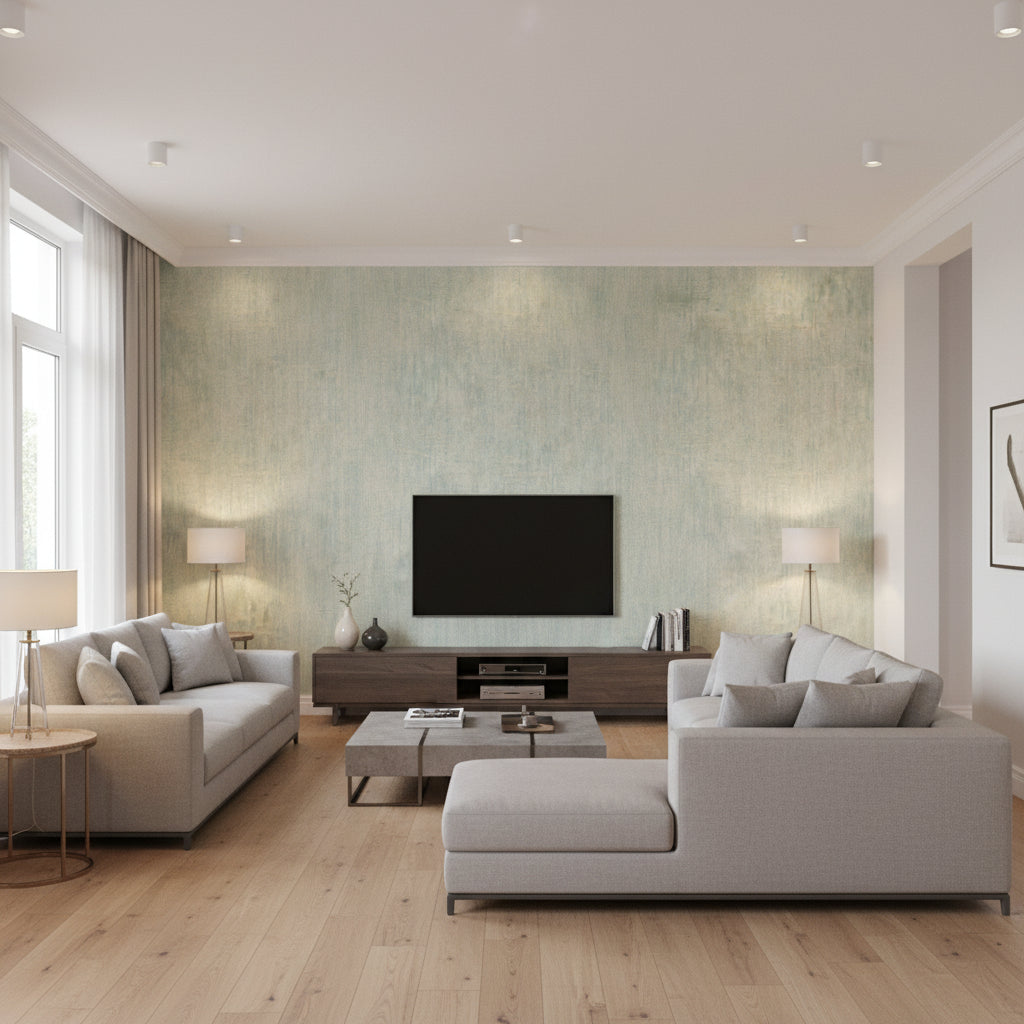 Adorn Texture Mid Century Faux Eucalyptus and Tan | Architectural Wallcoverings - Living Room Visualization (AI-generated, may not be to scale. Verify pattern scale with product specifications.)