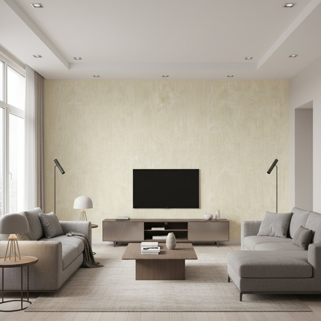 Adorn Texture Mid Century Faux Off-White and Tan | Architectural Wallcoverings - Living Room Visualization (AI-generated, may not be to scale. Verify pattern scale with product specifications.)