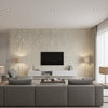 Adorn Texture Mid Century Faux Metallic Gold and Greige | Architectural Wallcoverings - Living Room Visualization (AI-generated, may not be to scale. Verify pattern scale with product specifications.)