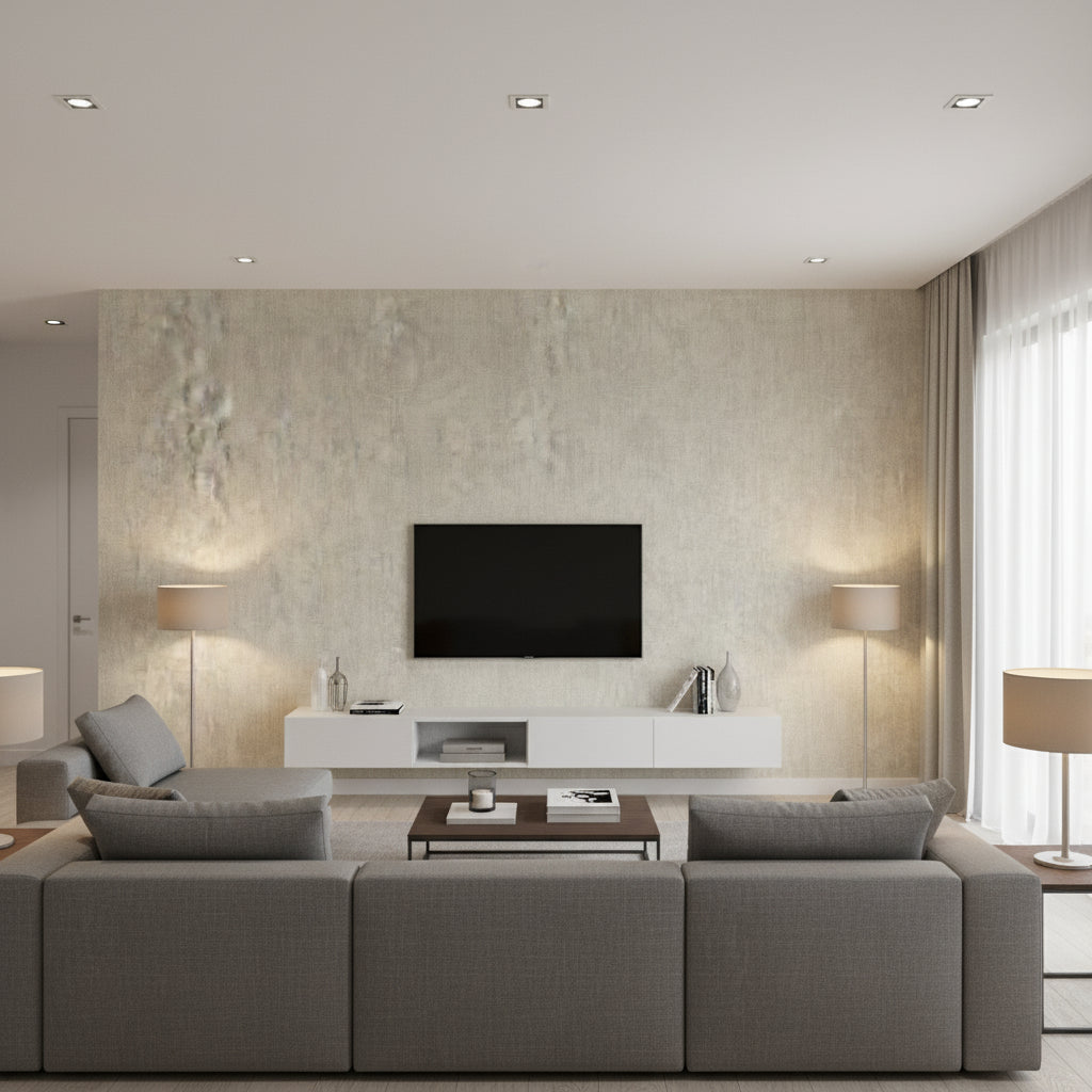 Adorn Texture Mid Century Faux Metallic Gold and Greige | Architectural Wallcoverings - Living Room Visualization (AI-generated, may not be to scale. Verify pattern scale with product specifications.)