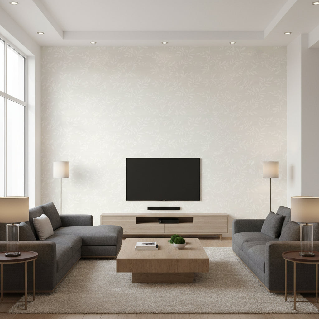 Couture Mid Century Botanical Metallic Silver and Off-White | Architectural Wallcoverings - Living Room Visualization (AI-generated, may not be to scale. Verify pattern scale with product specifications.)