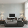 Couture Mid Century Botanical Mist and White | Architectural Wallcoverings - Living Room Visualization (AI-generated, may not be to scale. Verify pattern scale with product specifications.)