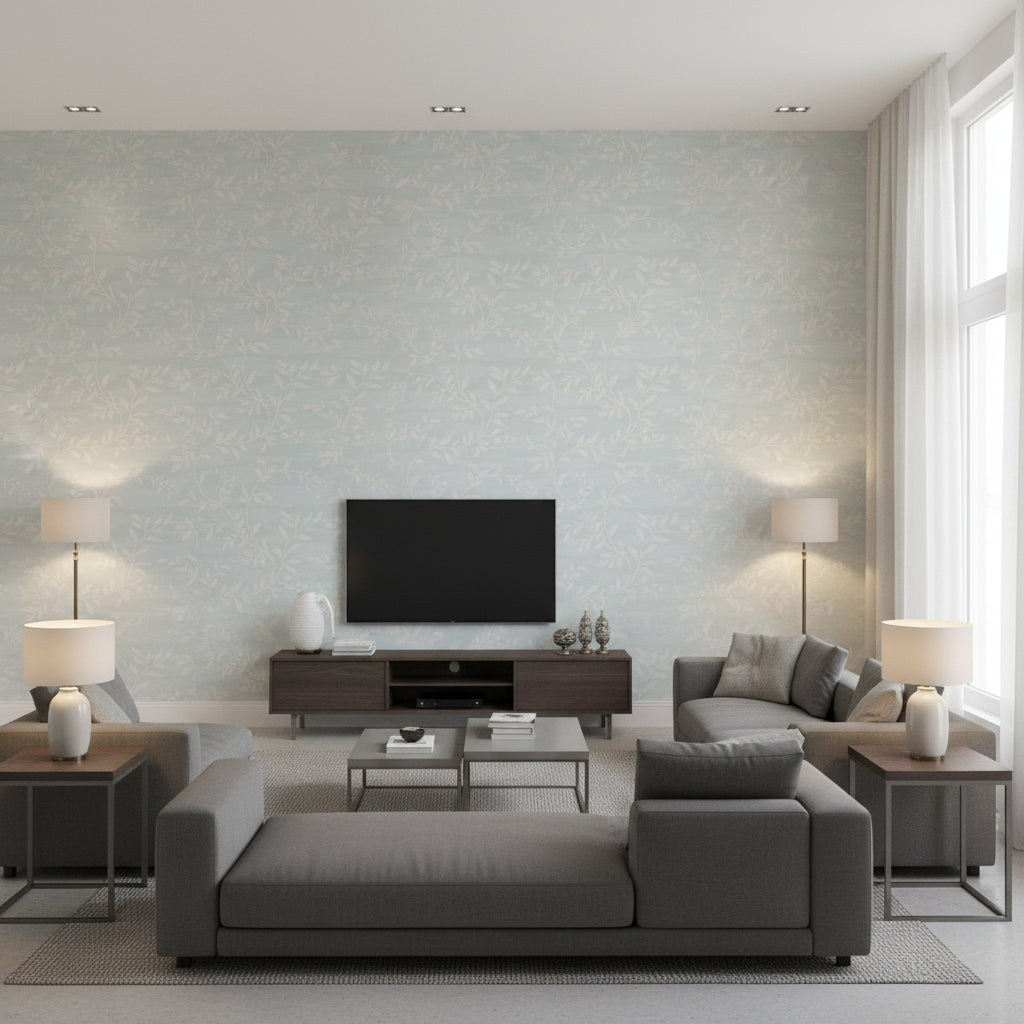 Couture Mid Century Botanical Mist and White | Architectural Wallcoverings - Living Room Visualization (AI-generated, may not be to scale. Verify pattern scale with product specifications.)