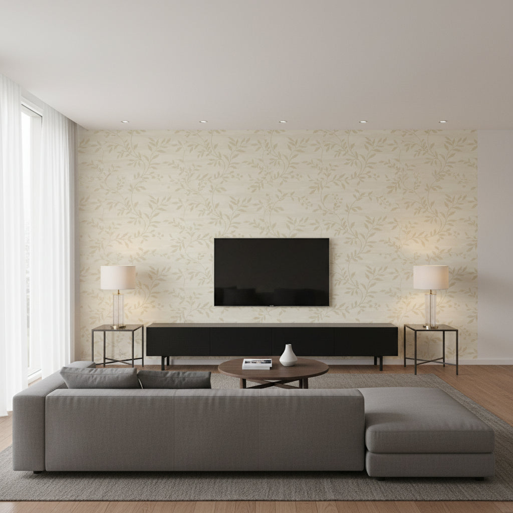 Couture Mid Century Botanical Metallic Gold and Off-White | Architectural Wallcoverings - Living Room Visualization (AI-generated, may not be to scale. Verify pattern scale with product specifications.)