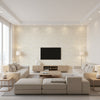 Couture Mid Century Botanical Tan and Off-White | Architectural Wallcoverings - Living Room Visualization (AI-generated, may not be to scale. Verify pattern scale with product specifications.)