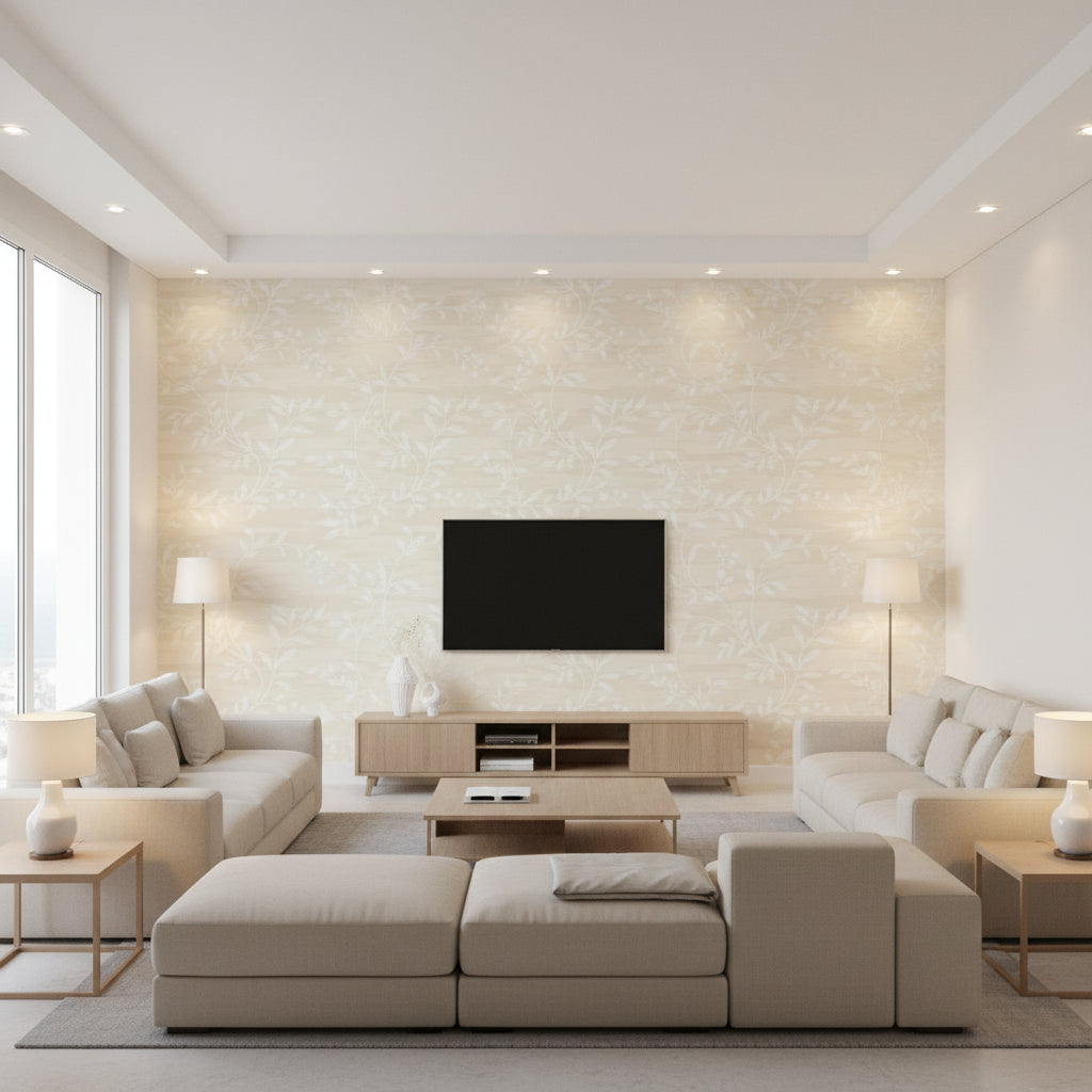 Couture Mid Century Botanical Tan and Off-White | Architectural Wallcoverings - Living Room Visualization (AI-generated, may not be to scale. Verify pattern scale with product specifications.)