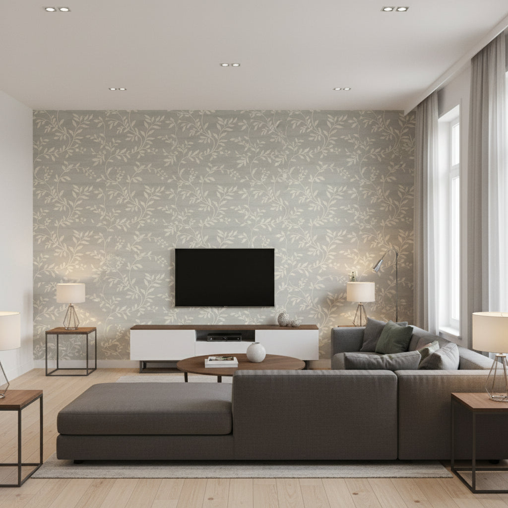 Couture Mid Century Botanical Metallic Silver and Off-White | Architectural Wallcoverings - Living Room Visualization (AI-generated, may not be to scale. Verify pattern scale with product specifications.)