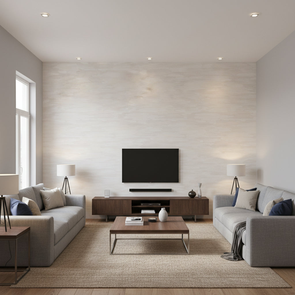 Couture Texture Mid Century Faux White | Architectural Wallcoverings - Living Room Visualization (AI-generated, may not be to scale. Verify pattern scale with product specifications.)