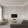 Couture Texture Mid Century Faux Off-White and Mist | Architectural Wallcoverings - Living Room Visualization (AI-generated, may not be to scale. Verify pattern scale with product specifications.)