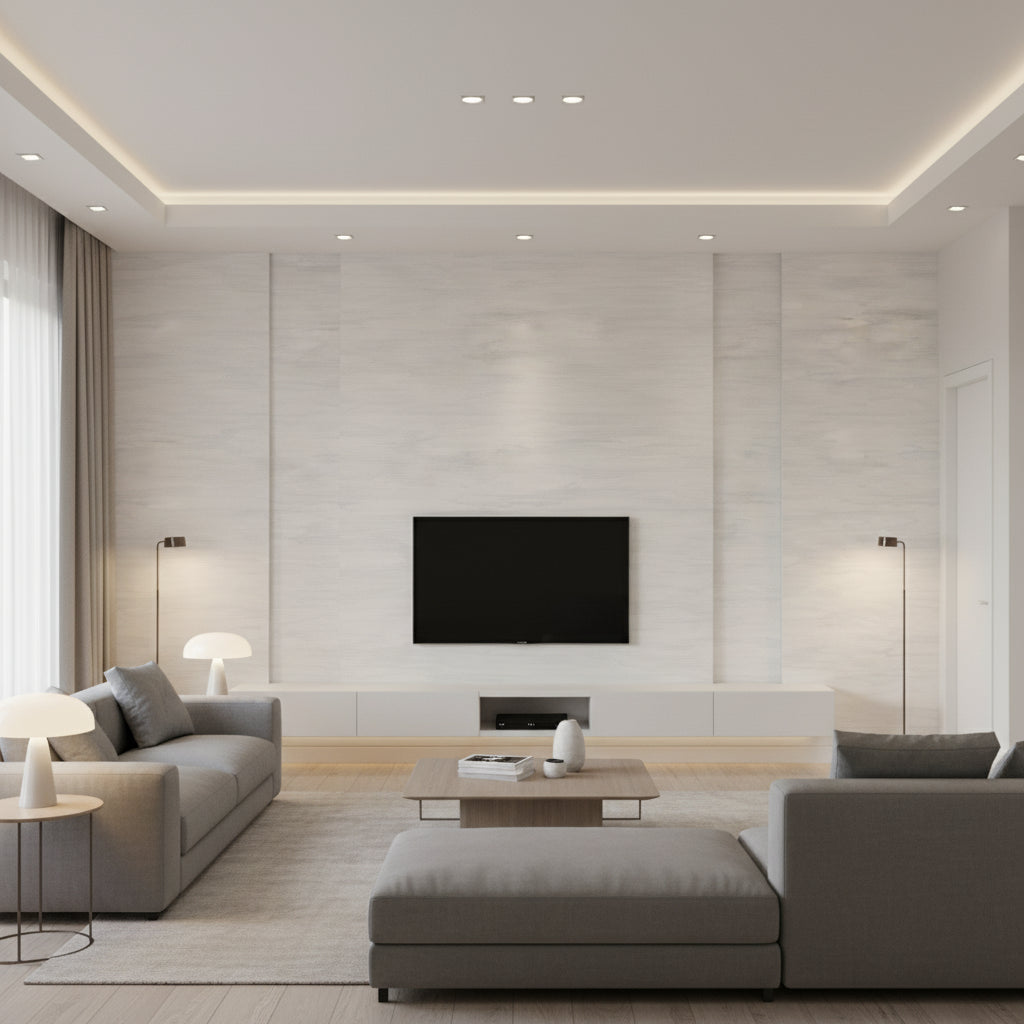 Couture Texture Mid Century Faux Off-White and Mist | Architectural Wallcoverings - Living Room Visualization (AI-generated, may not be to scale. Verify pattern scale with product specifications.)