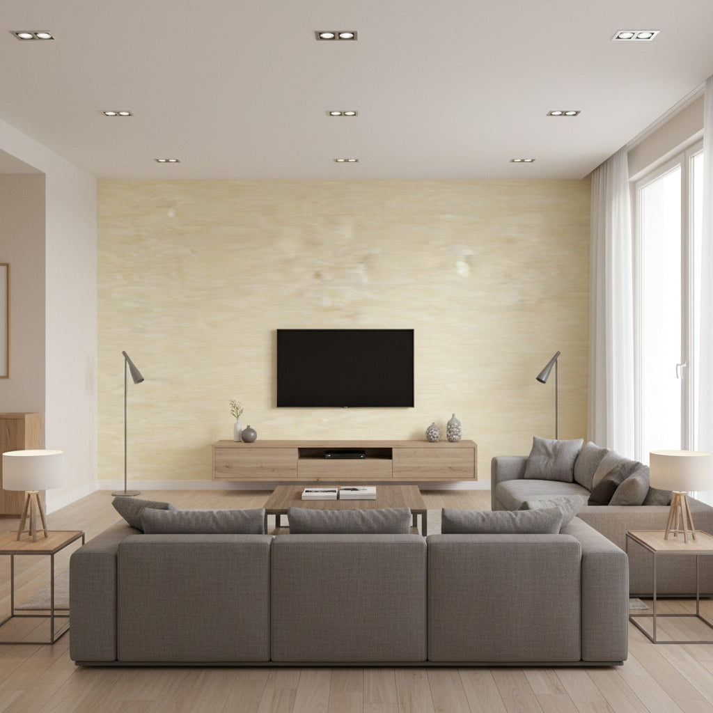 Couture Texture Mid Century Faux Metallic Gold and Off-White | Architectural Wallcoverings - Living Room Visualization (AI-generated, may not be to scale. Verify pattern scale with product specifications.)