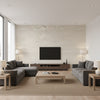 Couture Texture Mid Century Faux Taupe and Off-White | Architectural Wallcoverings - Living Room Visualization (AI-generated, may not be to scale. Verify pattern scale with product specifications.)