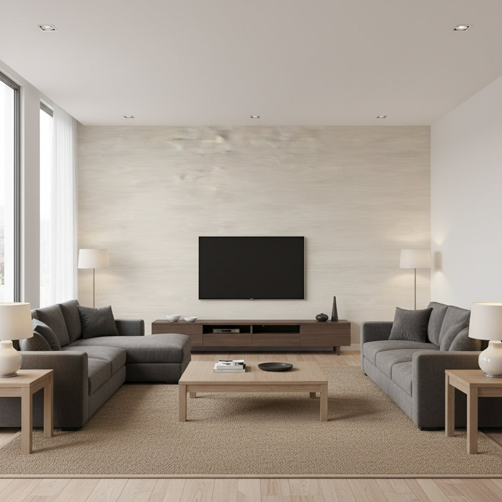 Couture Texture Mid Century Faux Taupe and Off-White | Architectural Wallcoverings - Living Room Visualization (AI-generated, may not be to scale. Verify pattern scale with product specifications.)