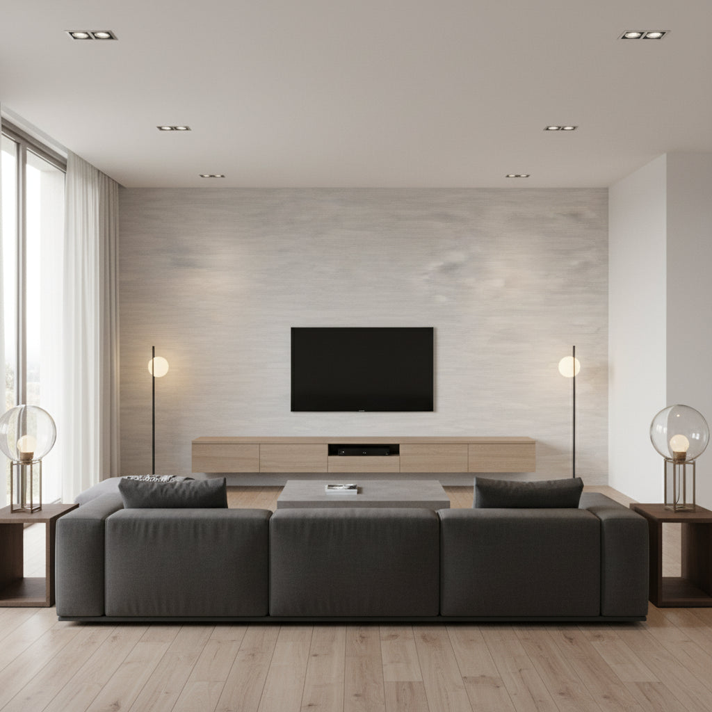 Couture Texture Mid Century Faux Gray and Greige | Architectural Wallcoverings - Living Room Visualization (AI-generated, may not be to scale. Verify pattern scale with product specifications.)