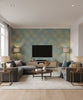 Catwalk Mid Century Geometric Teal and Metallic Gold | Architectural Wallcoverings - Living Room Visualization (AI-generated, may not be to scale. Verify pattern scale with product specifications.)