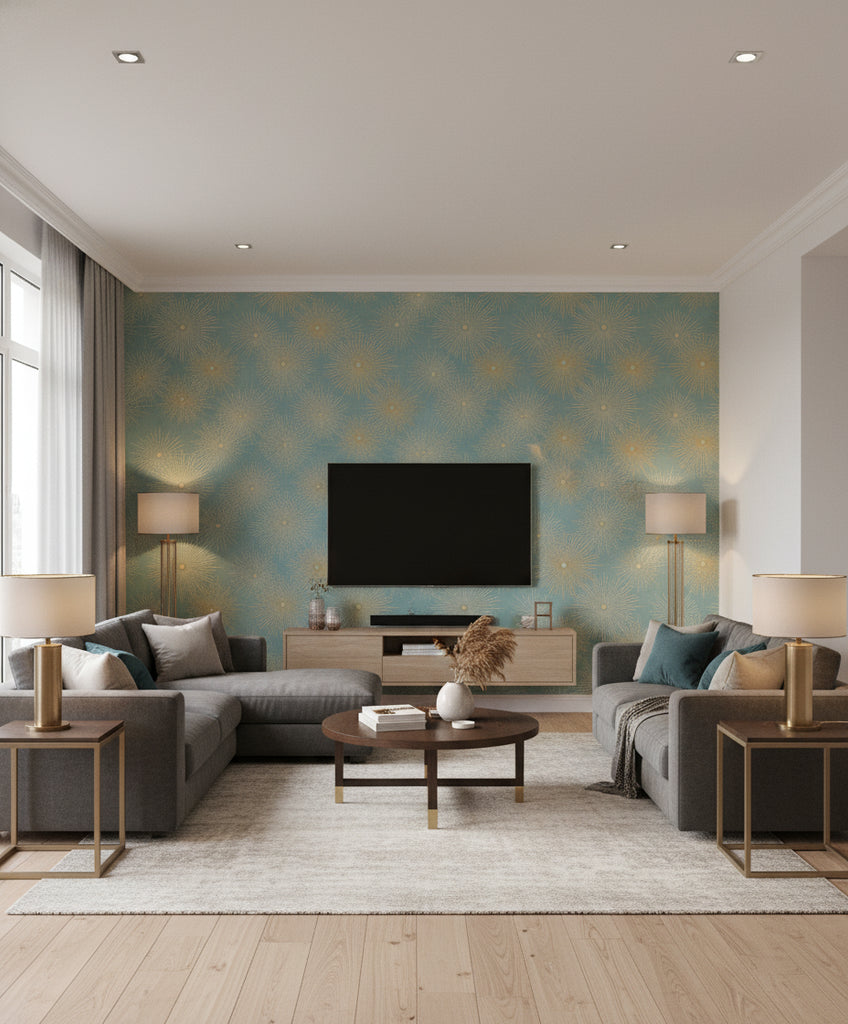 Catwalk Mid Century Geometric Teal and Metallic Gold | Architectural Wallcoverings - Living Room Visualization (AI-generated, may not be to scale. Verify pattern scale with product specifications.)