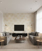 Catwalk Mid Century Geometric Metallic Gold and Off-White | Architectural Wallcoverings - Living Room Visualization (AI-generated, may not be to scale. Verify pattern scale with product specifications.)