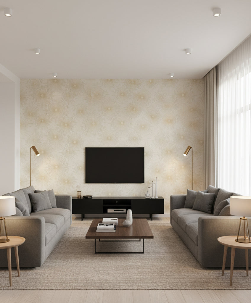 Catwalk Mid Century Geometric Metallic Gold and Off-White | Architectural Wallcoverings - Living Room Visualization (AI-generated, may not be to scale. Verify pattern scale with product specifications.)