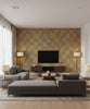 Catwalk Mid Century Geometric Metallic Gold and Caramel | Architectural Wallcoverings - Living Room Visualization (AI-generated, may not be to scale. Verify pattern scale with product specifications.)