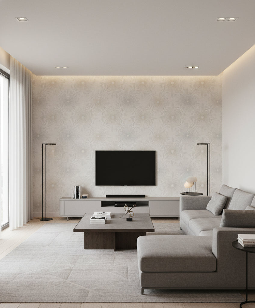 Catwalk Mid Century Geometric Metallic Silver and Gray | Architectural Wallcoverings - Living Room Visualization (AI-generated, may not be to scale. Verify pattern scale with product specifications.)