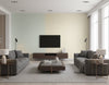 Catwalk Stria Mid Century Stripe Mist, Tan, and Off-White | Architectural Wallcoverings - Living Room Visualization (AI-generated, may not be to scale. Verify pattern scale with product specifications.)