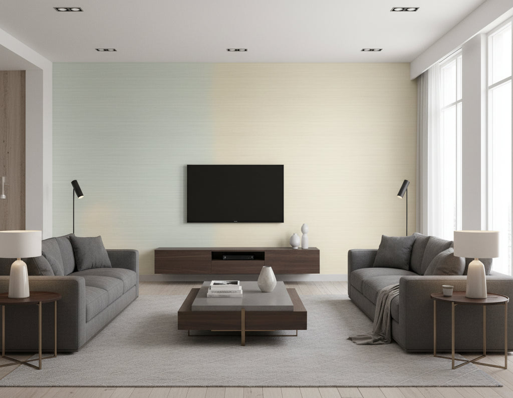 Catwalk Stria Mid Century Stripe Mist, Tan, and Off-White | Architectural Wallcoverings - Living Room Visualization (AI-generated, may not be to scale. Verify pattern scale with product specifications.)