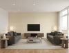Catwalk Stria Mid Century Stripe Tan | Architectural Wallcoverings - Living Room Visualization (AI-generated, may not be to scale. Verify pattern scale with product specifications.)