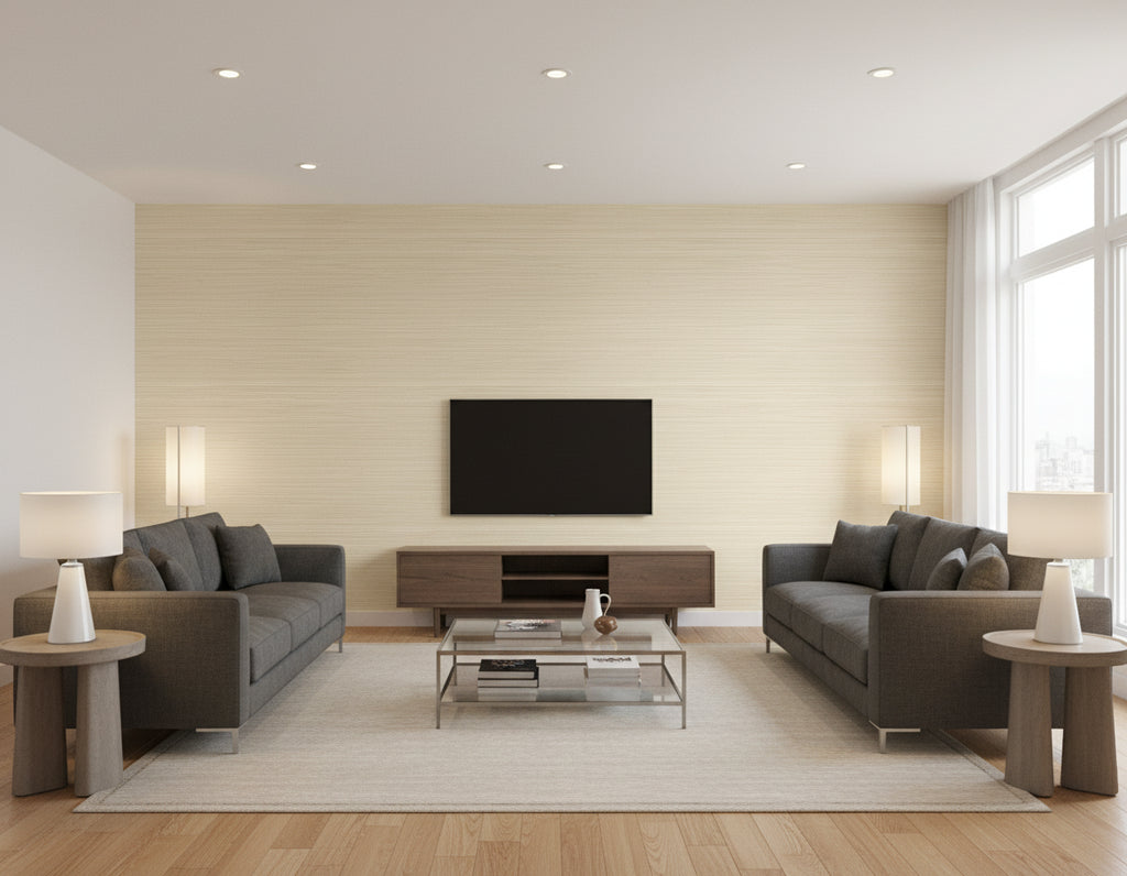 Catwalk Stria Mid Century Stripe Tan | Architectural Wallcoverings - Living Room Visualization (AI-generated, may not be to scale. Verify pattern scale with product specifications.)